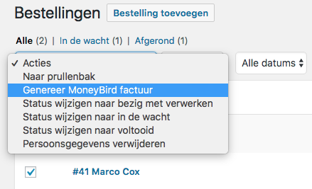 Bulk MoneyBird facturatie voor WooCommerce bestellingen 