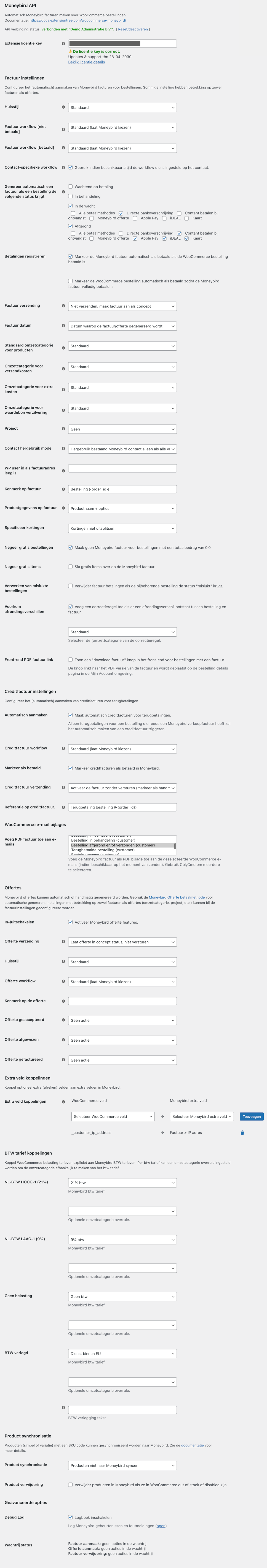Alle instellingen van de WooCommerce Moneybird plugin