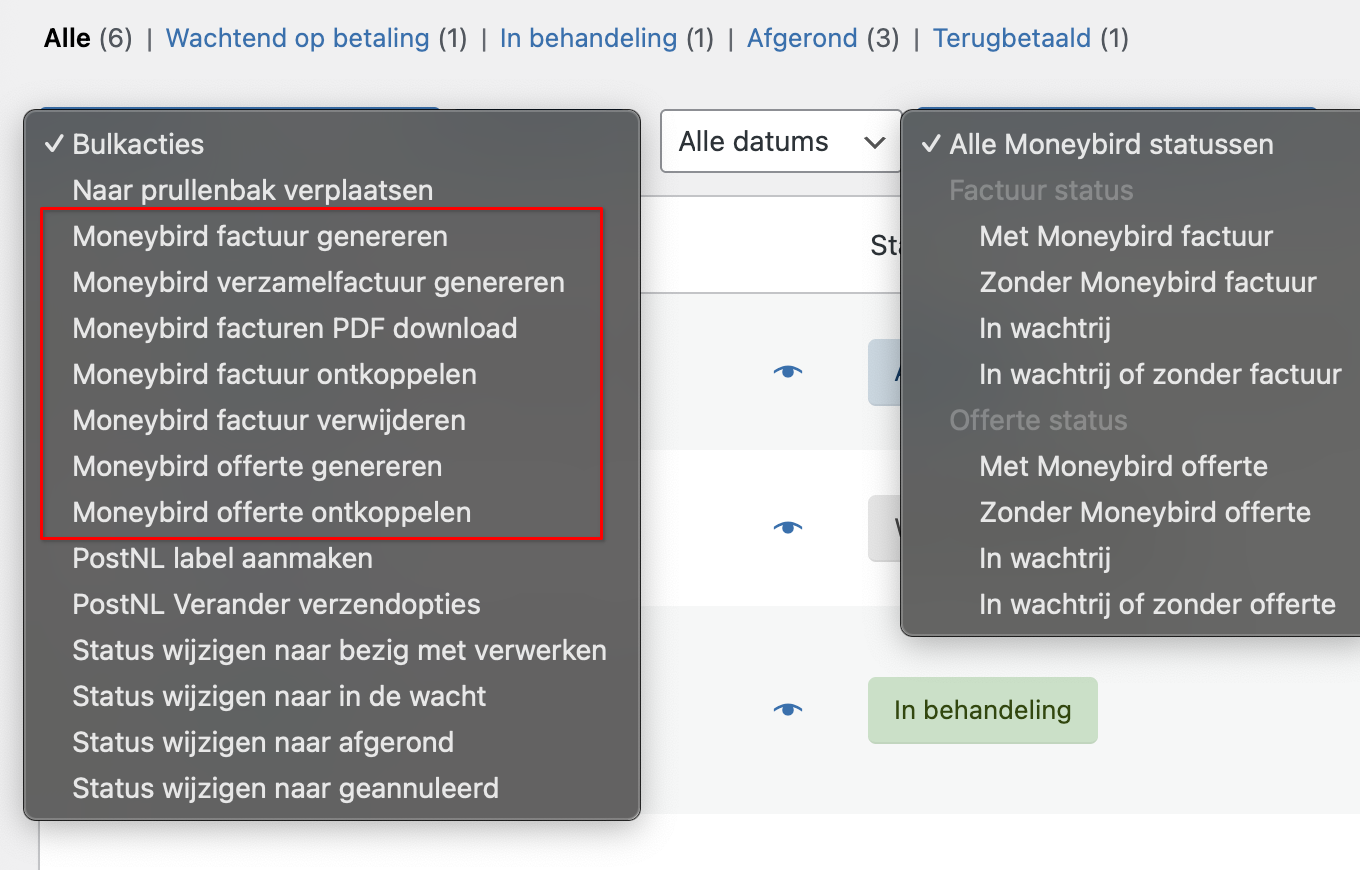 Bulk acties in WooCommerce Moneybird plugin